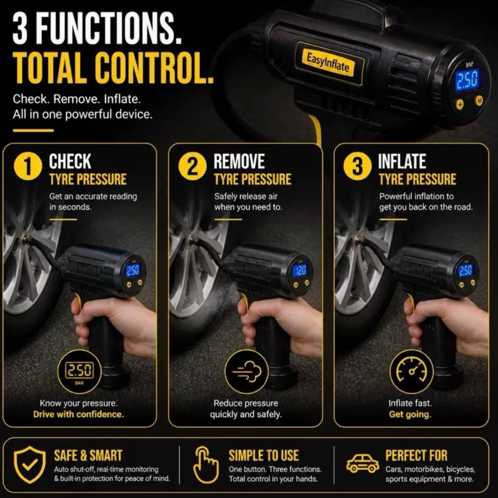 The “EasyInflate” wireless tyre inflator, with multiple nozzles, and 150 PSI power