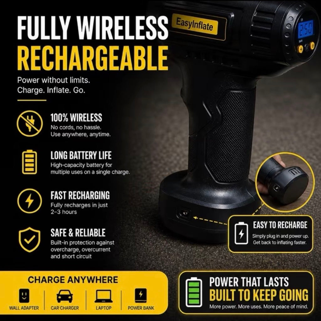 The “EasyInflate” wireless tyre inflator, with multiple nozzles, and 150 PSI power