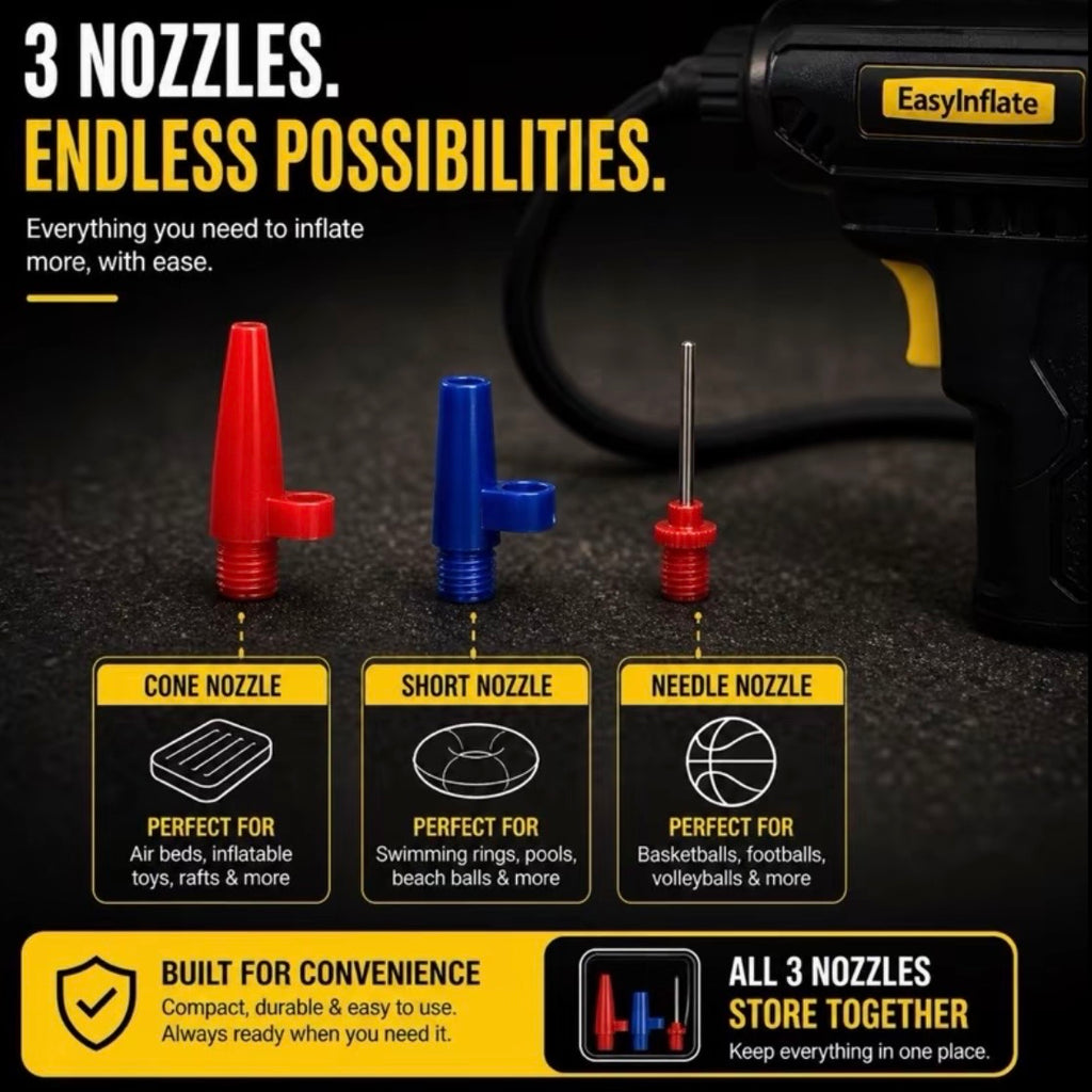 The “EasyInflate” wireless tyre inflator, with multiple nozzles, and 150 PSI power
