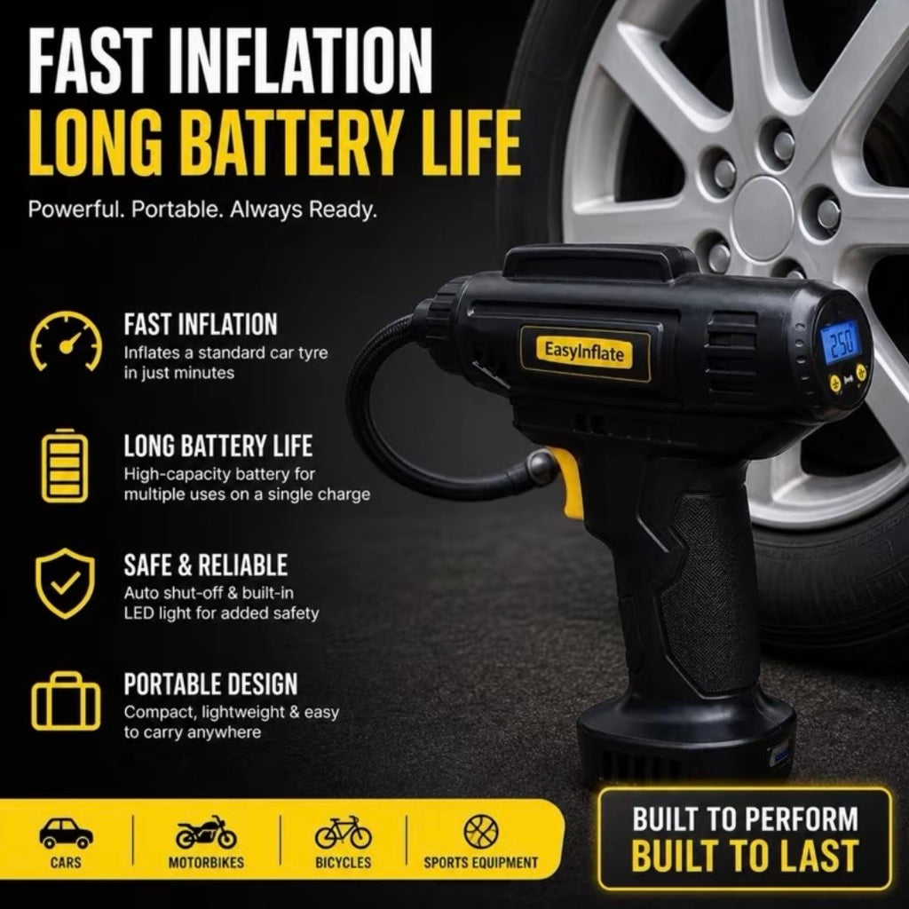The “EasyInflate” wireless tyre inflator, with multiple nozzles, and 150 PSI power